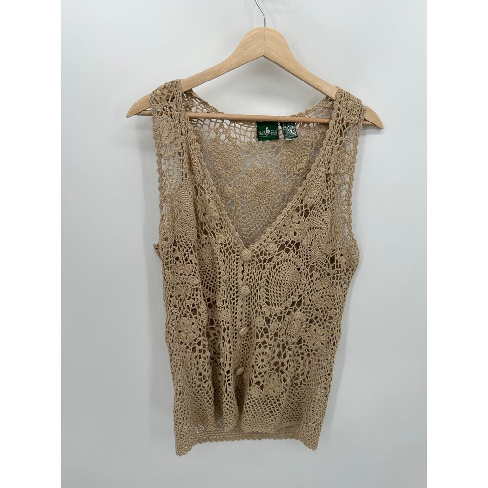 Hunt Club Crotchet Cardigan‎ Women Medium Petite Tan Button Front Boho Festival
